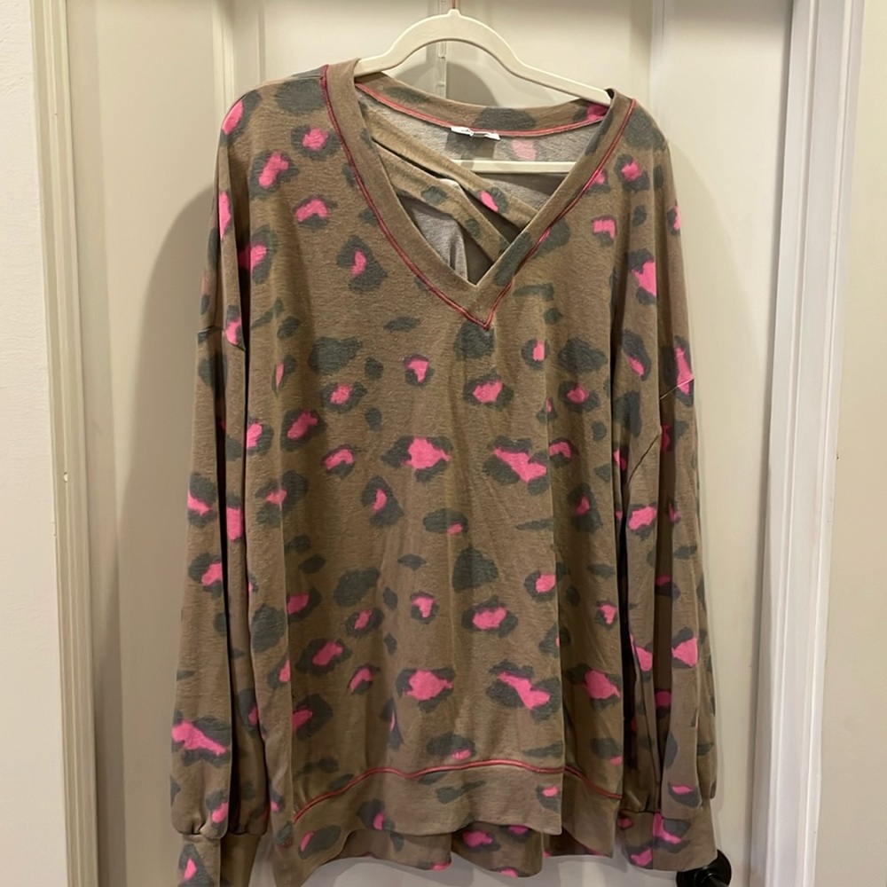 Plus Size White Birch V Neck Taupe and Pink Leopard Print Long Sleeve Shirt 1X